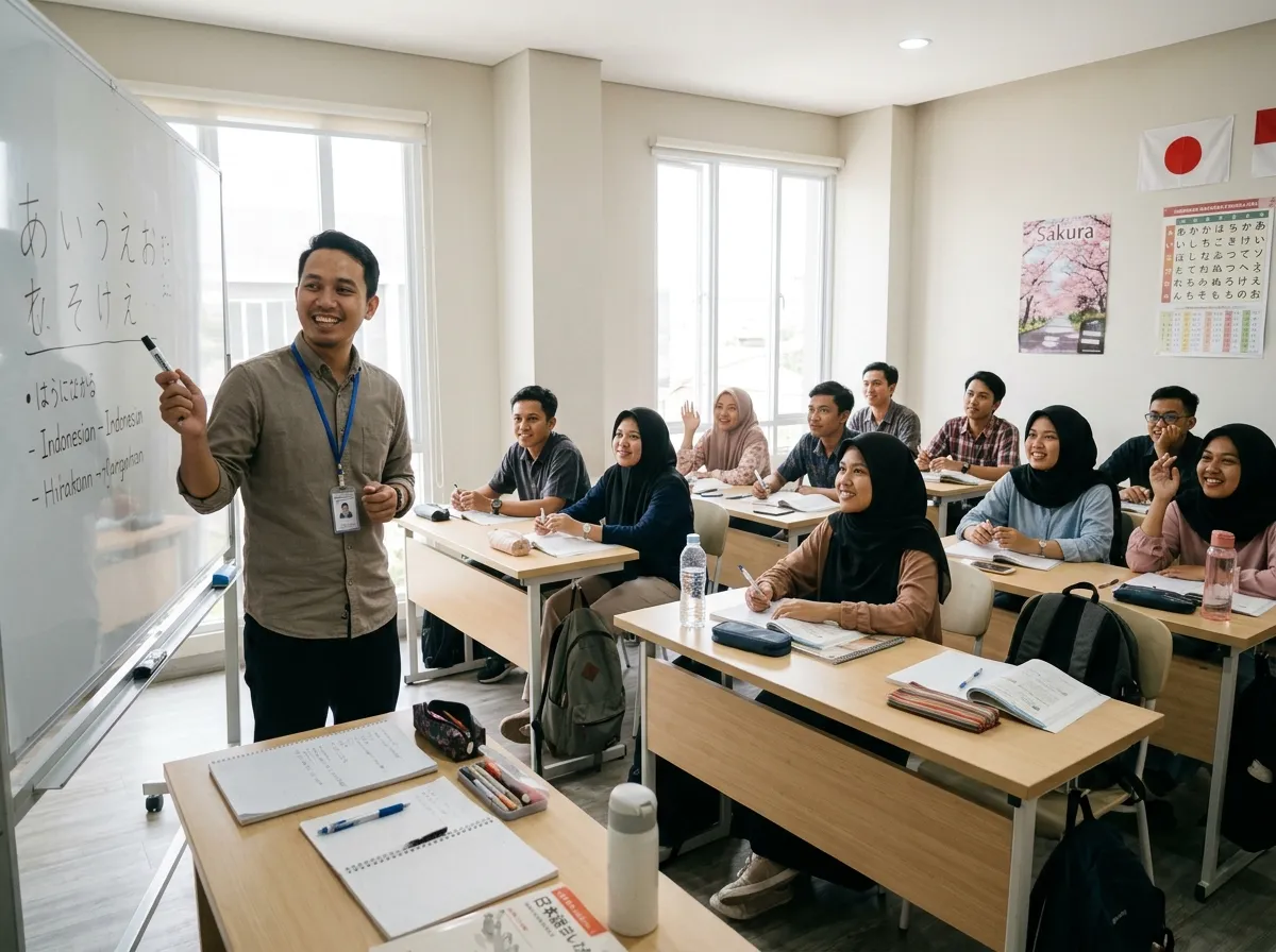 Peserta Sakura Lista belajar bahasa Jepang di kelas